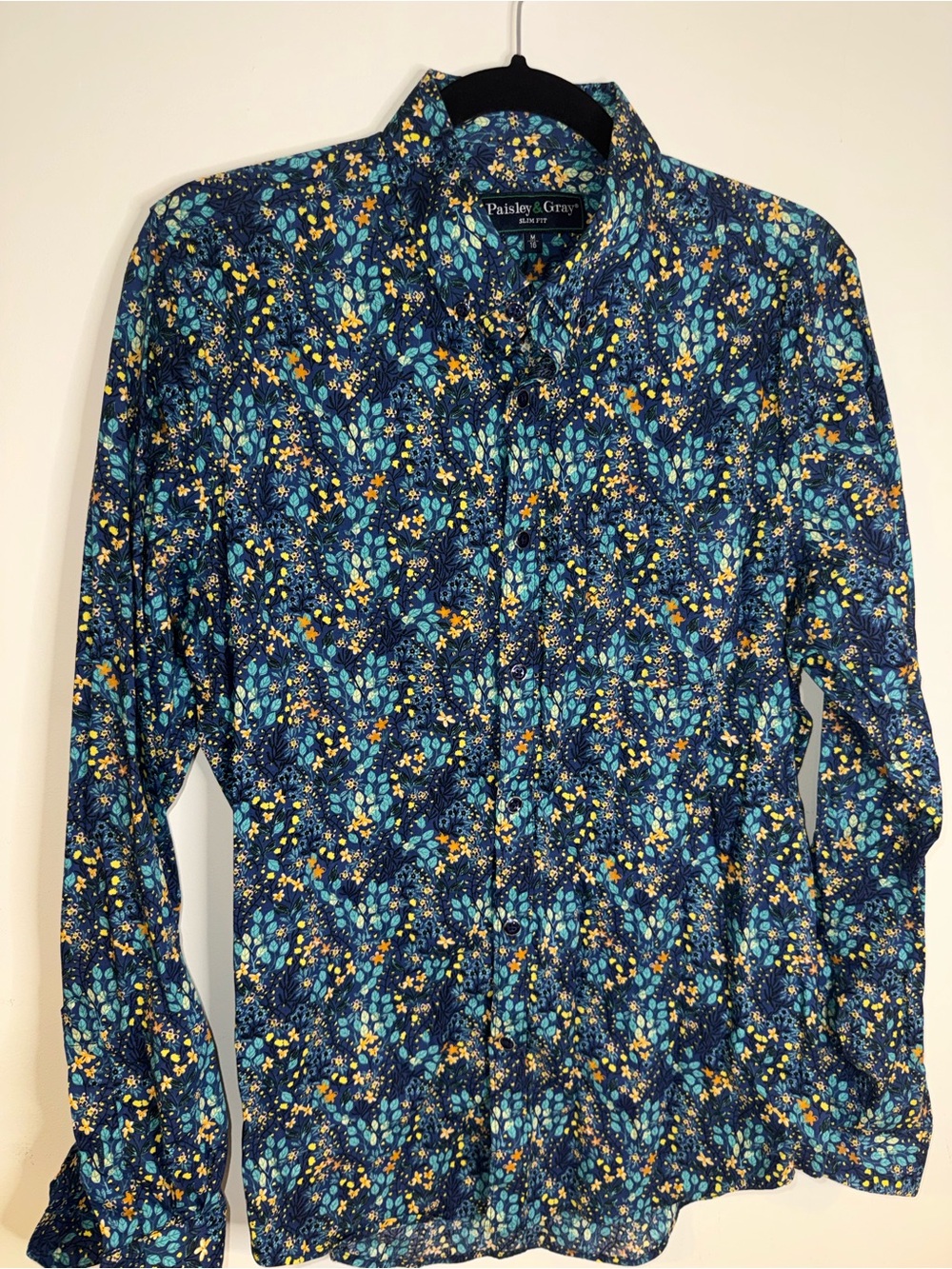Paisley & Gray Men’s M 16 Slim Fit Blue Gold Floral Botanical Shirt